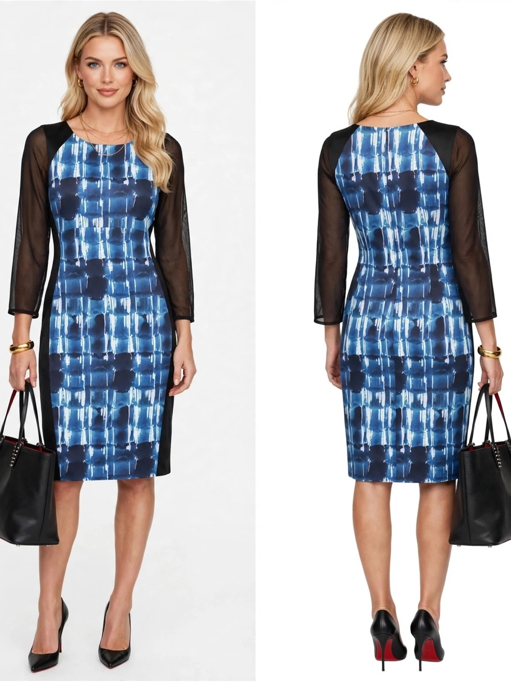 Karen Millen Blue Sheath Dress with Black Mesh Sleeves